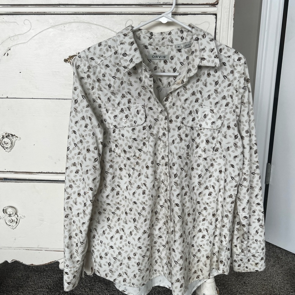 Orvis Leaf Patterned Shirt in White and Brown size M